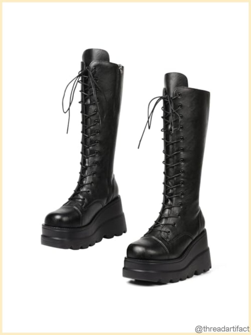 Faux Leather Platform Combat Boots Chunky Wedge Lace Up Mid Calf